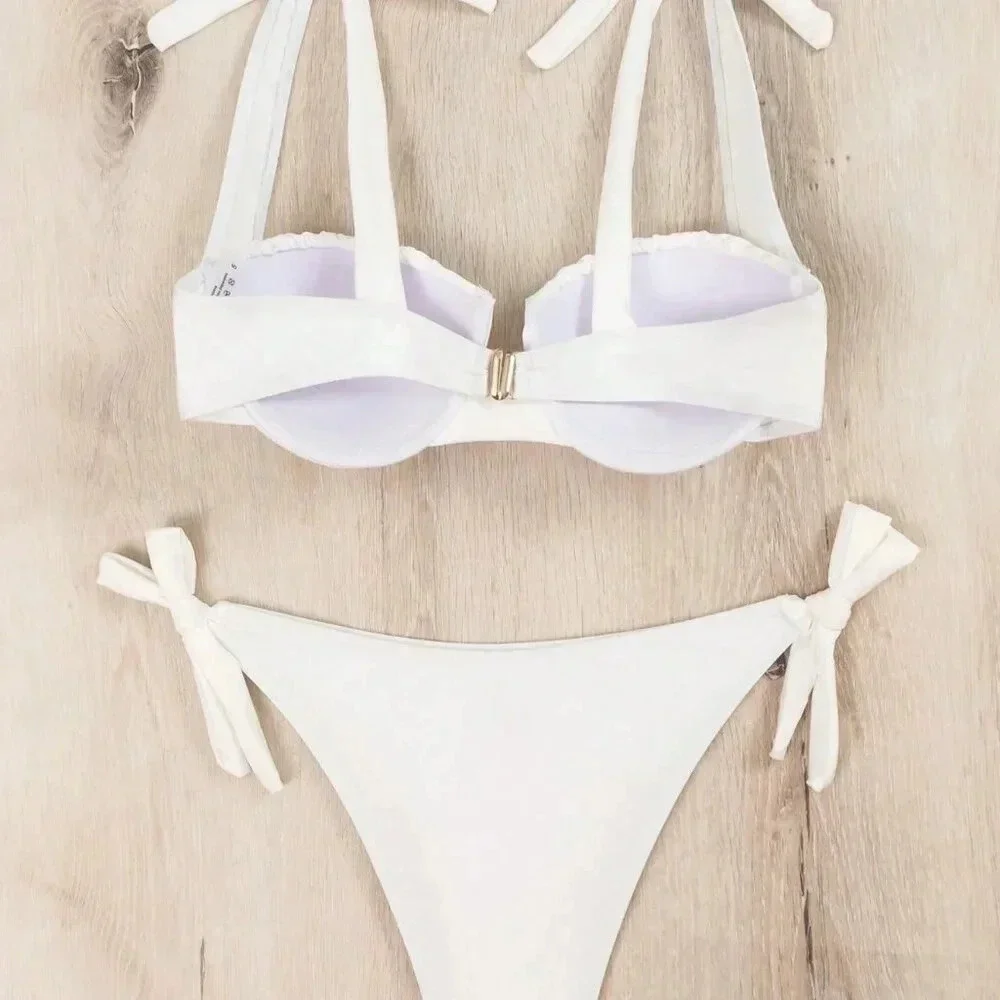 White Women's Beach Bikini Set With Underwire And Lace-Up Detail